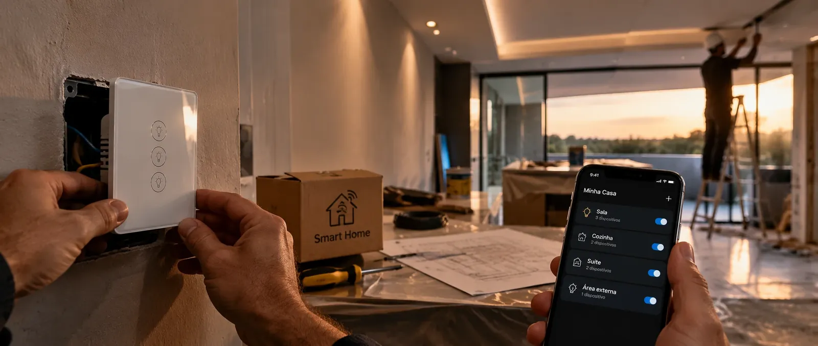 Instalação de interruptor inteligente em uma casa em reforma, com o aplicativo mostrando os ambientes da casa