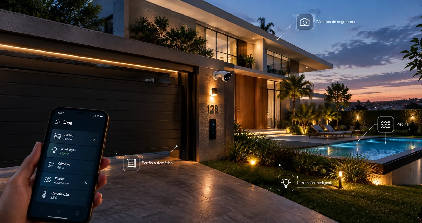 Fachada de casa contemporânea ao anoitecer, com iluminação externa, câmera e portão automatizados controlados pelo celular