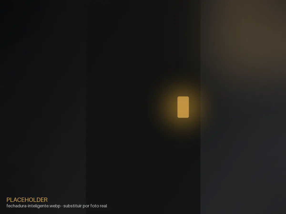 Porta de entrada com fechadura inteligente iluminada em tom dourado